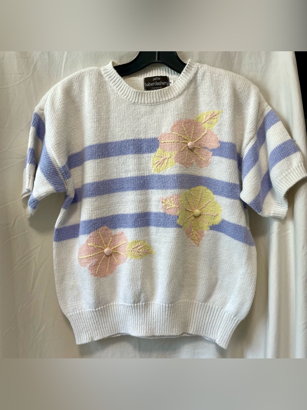 Vintage Petite Haberdashery White & Lavender Striped Floral Knit Sweater